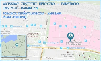 PORADNIA DERMATOLOGICZNA - WOJSKOWY INSTYTUT MEDYCZNY - PAŃSTWOWY INSTYTUT BADAWCZY - SZASERÓW 128,  WARSZAWA PRAGA-POŁUDNIE